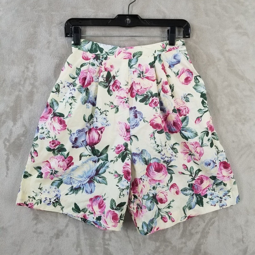 Vtg Shorts Women 6 Cotton Floral Pleated High Rise Pockets Cottage Wide Leg 90's